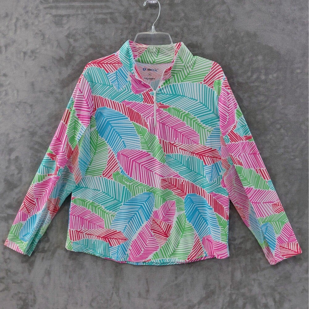 IBKUL Marley Print 1/4 Zip Pullover Women's XL Pink Green Mesh Long Sleeves Golf